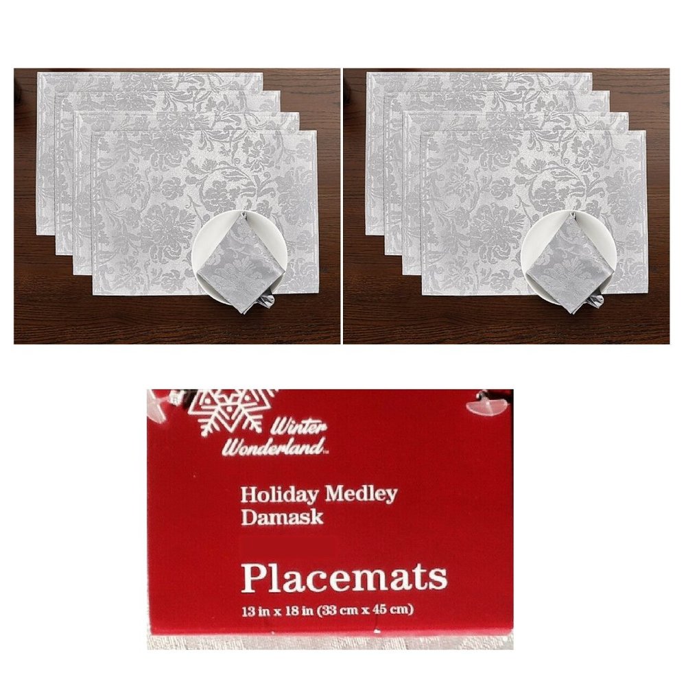 8 brand new Holiday Medley Silver-Gray Damask Fabric Placemats